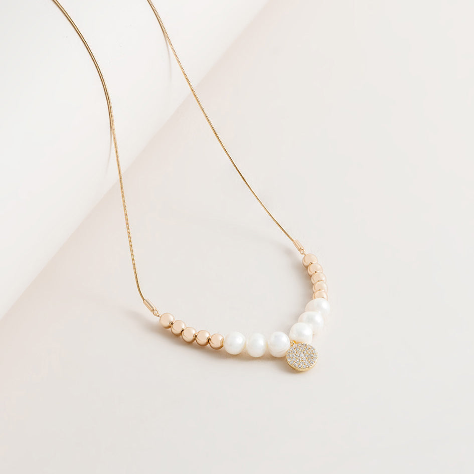 Freshwater Pearl and Gold Pave Charm Necklace