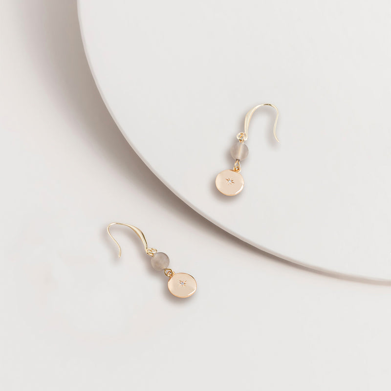 Grey Bead and Disk Drop Earrings