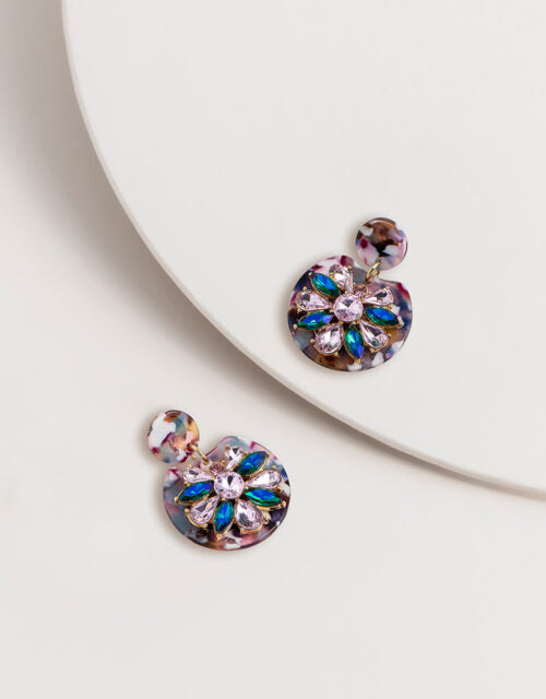 Blue Gem Flower and Acetate Earrings