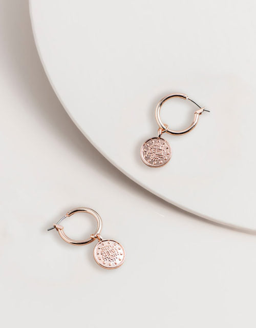Mini Coin Charm Hoops in Rose