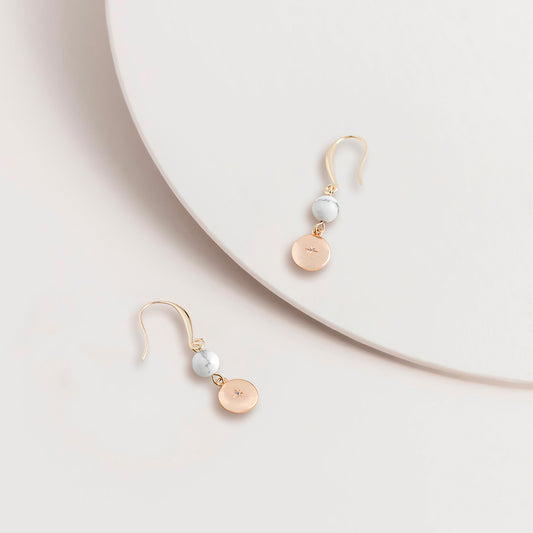 White Bead and Disk Drop Earrings